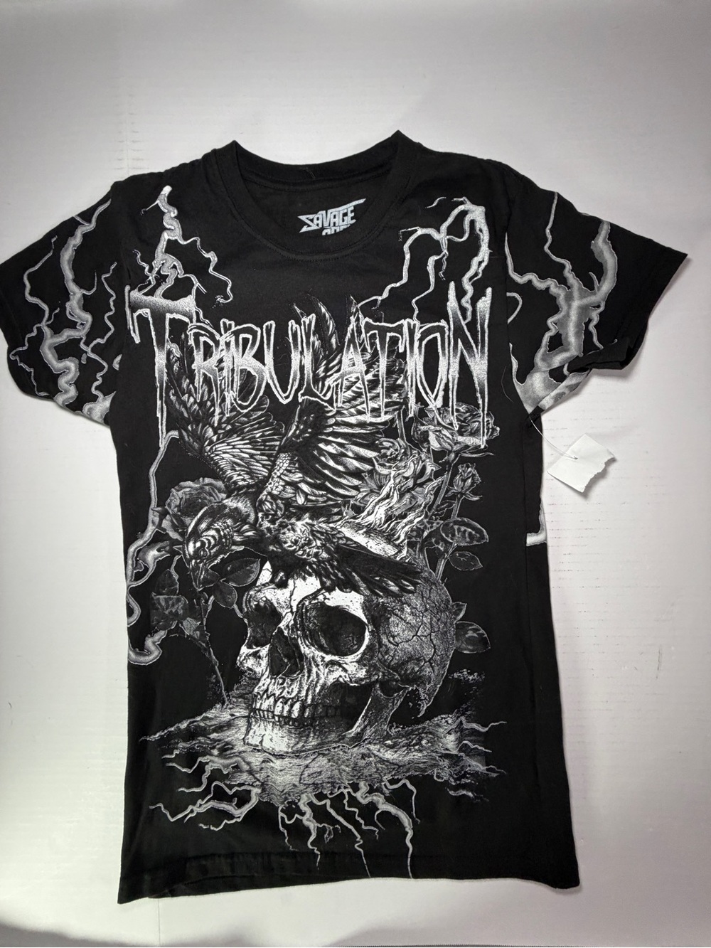 Savage Crew Black & White 'Tribulation' Skull and Raven Tee